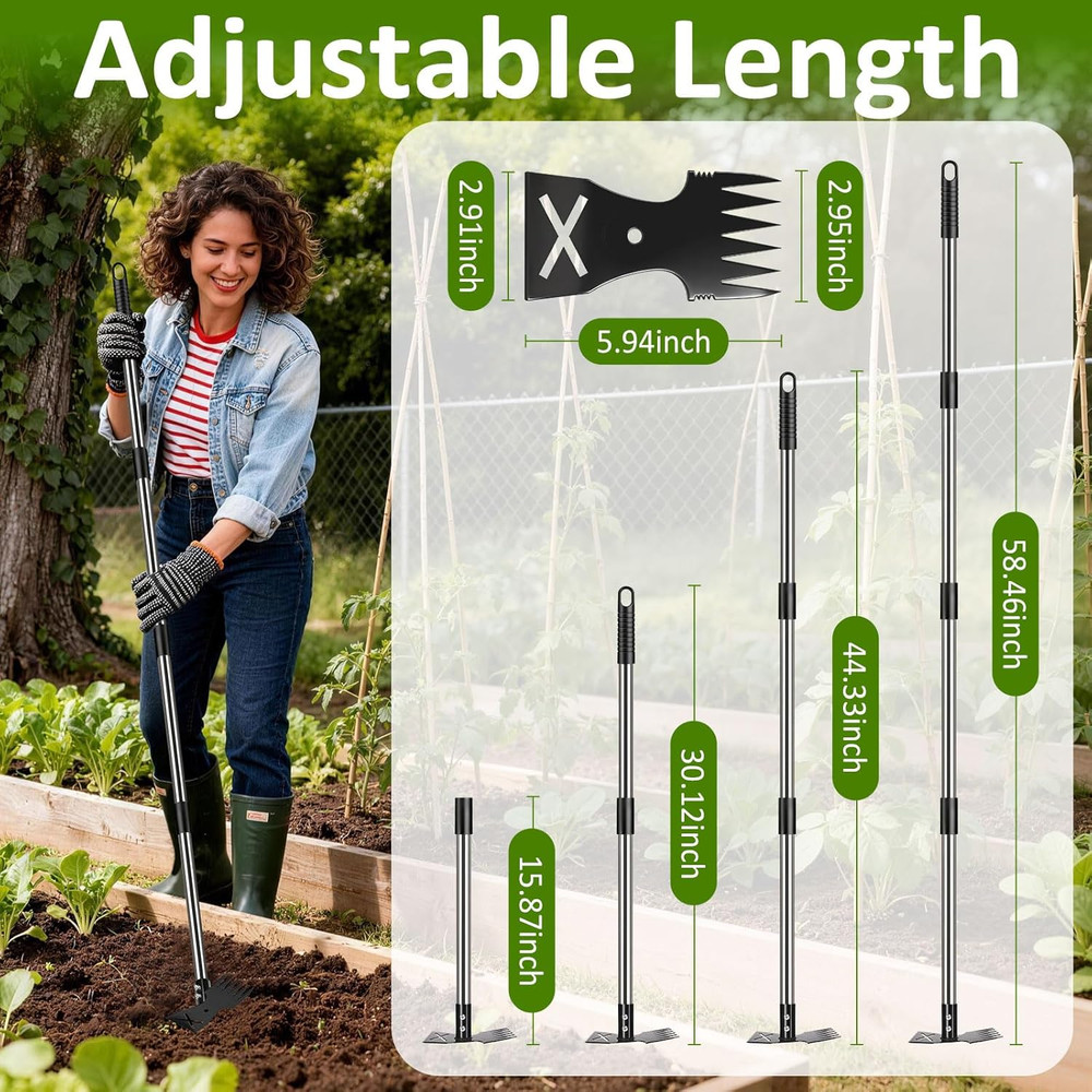 Adjustable Long Handle Weed Puller Tool - 2-in-1 Manual Weeder and Rake