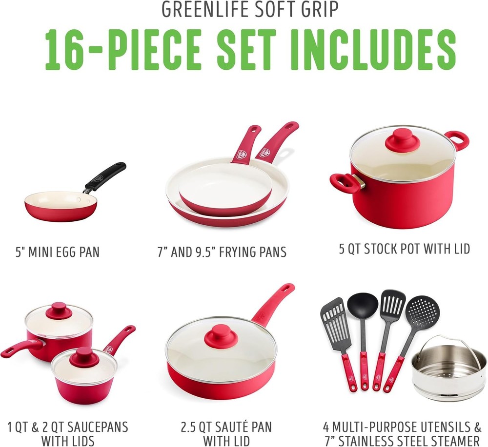 16-Piece Nonstick Ceramic Cookware Set, Red