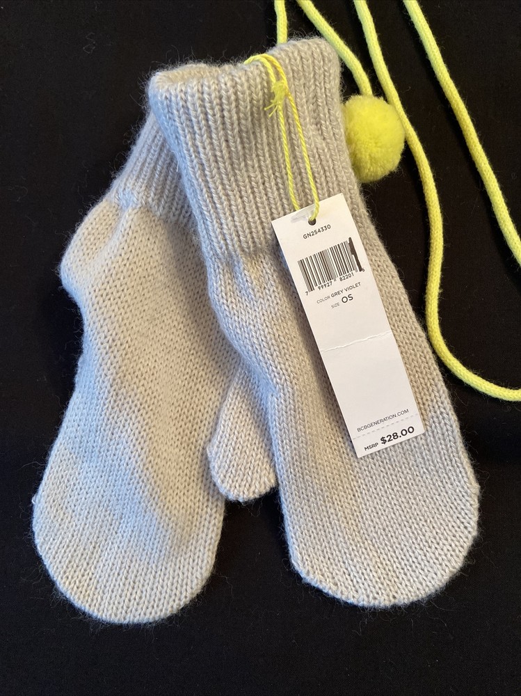 New BCBGeneration Mittens OS Gray Chartreuse Pom Pom String Acrylic