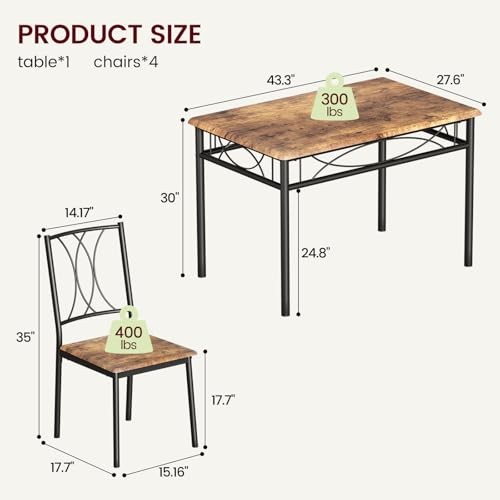5-Piece Wood Dining Table Set for 4, Rectangular Table and 4 Chairs Brown