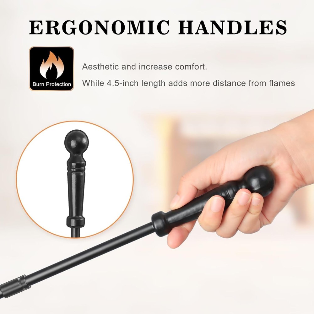 Fireplace Tools, Set 4 Pcs 30 Inch Black Wrought Iron, Large Fire Tool Set