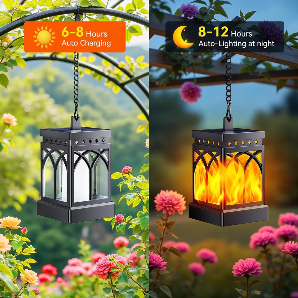 4 Pack Solar Lanterns Outdoor Waterproof, Upgraded Flickering Flame Modes + Cons