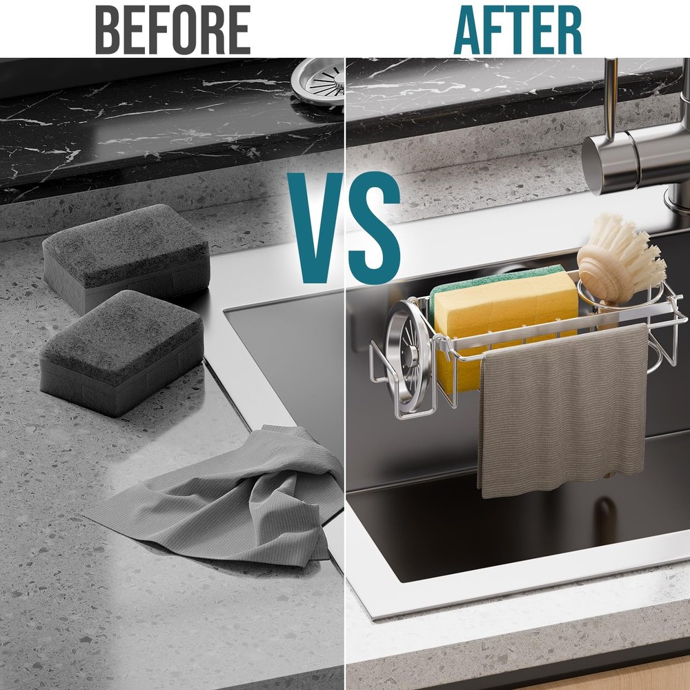Sponge Holder with Strong Suction Cup, 4-in-1 Rustproof Sink Organizer - Sink...