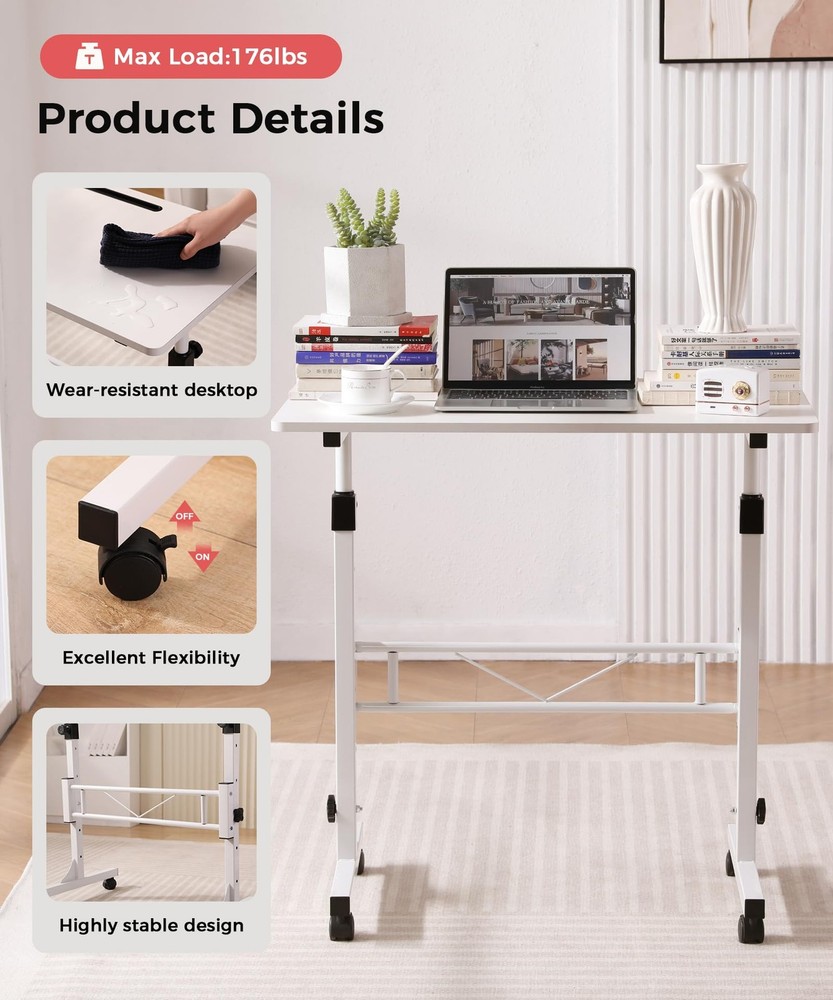 Standing Desk Adjustable Height Mobile Up with Wheels Small Computer Rolling
