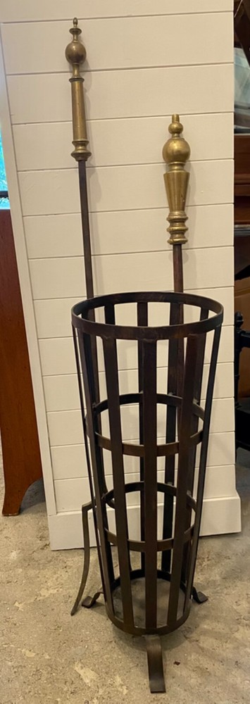 Massive 19th C. Brass & Iron Fireplace Poker & Fork & Iron Stand