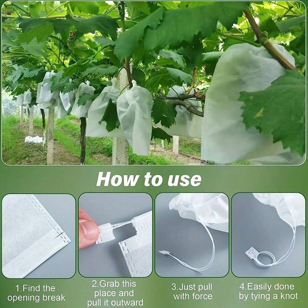 50Pcs Grape Bug Net Bags Reusable Non-woven Fruit Protect Cover with Drawstring
