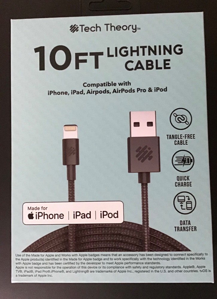 NEW Tech Theory 10ft Cable Compatible with iPhone, iPad, iPod-Charge/Transfer