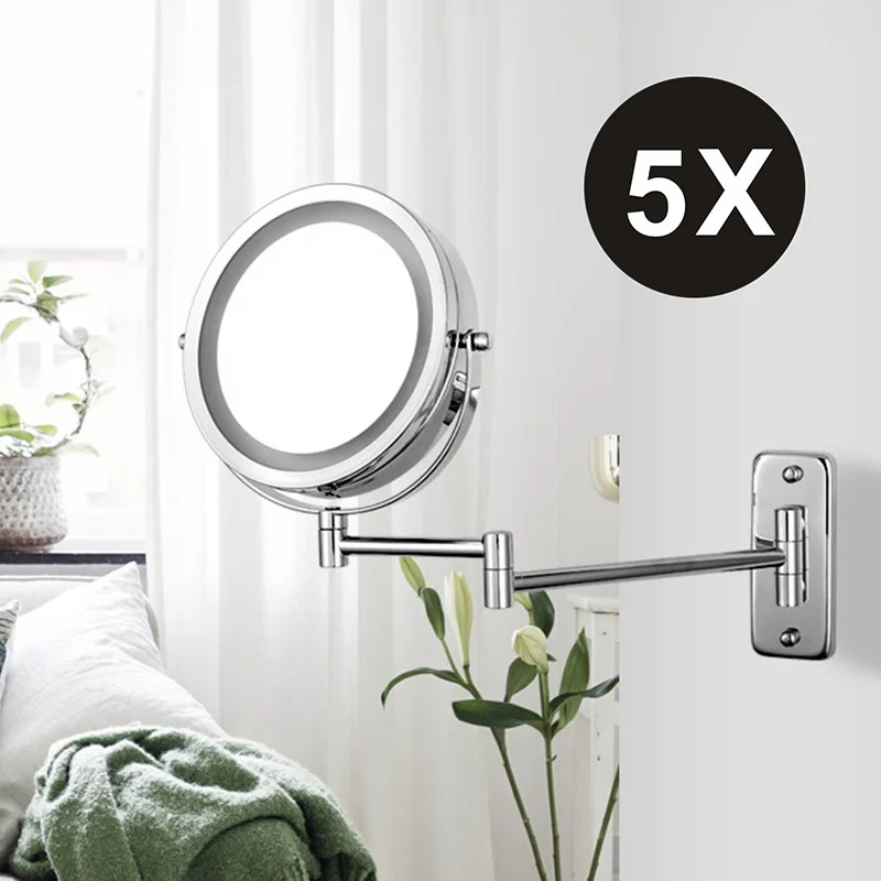 Folding Arm Extend Bathroom Mirror with LED Light 7 Inch Wall Mounted Double Sid