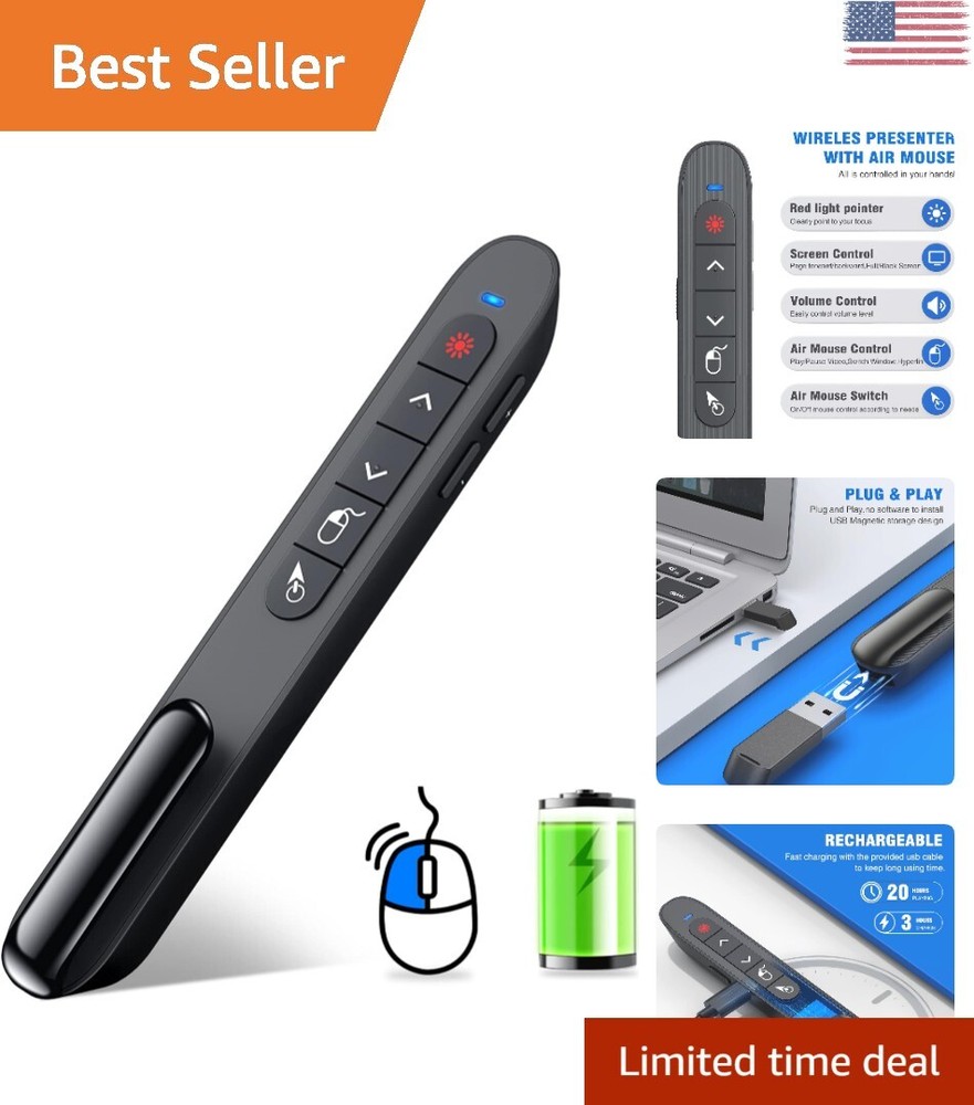 Wireless Presenter Remote with Air Mouse Control - Extended Control Distance