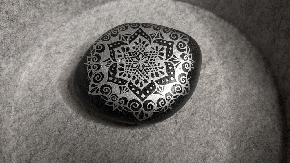 Hand Painted Rock / Stone - Mandala silver black gray large