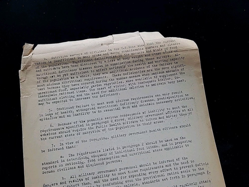 1945 Germany WWII US Army War Military Document Minimum Nutrition Requirements