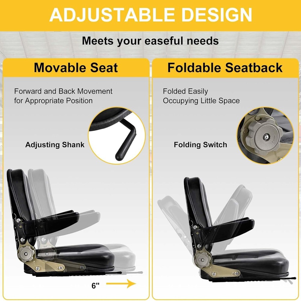 Universal Forklift Seat Replacement 45°-180° Adjustable Backrest & Armrests