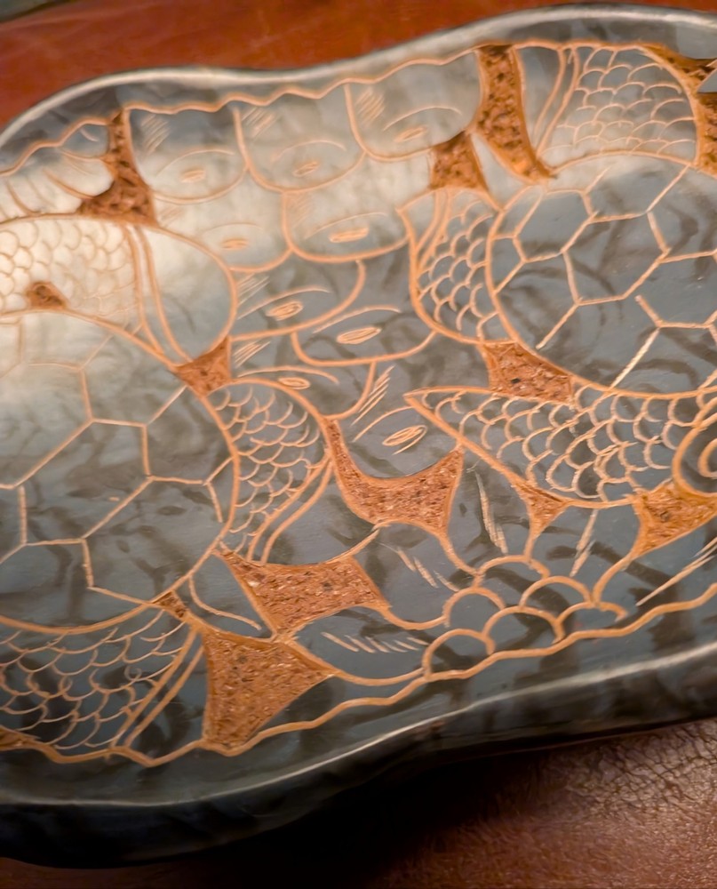 Unique Beautiful Handmade Etched Pottery Platter Featuring Turtles