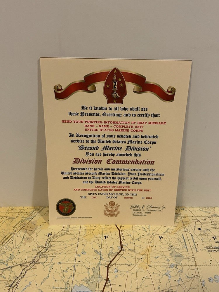 U.S.M.C. / 2ND MARINE DIVISION ~ DIVISION COMMENDATION REPLACEMENT CERTIFICATE