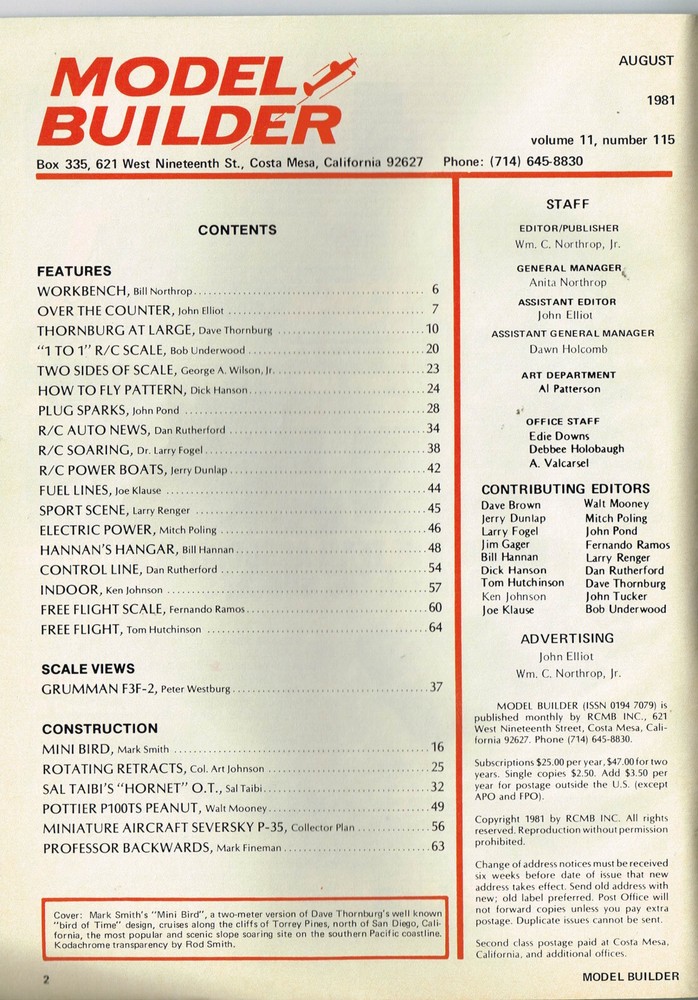 MODEL BUILDER Magazine August 1981. Mini Bird: Two Metre R/C Glider