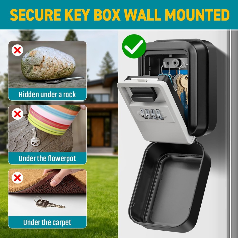 Key Lock Box Waterproof Wall Mount 4 Digit Combination Resettable Code Safe
