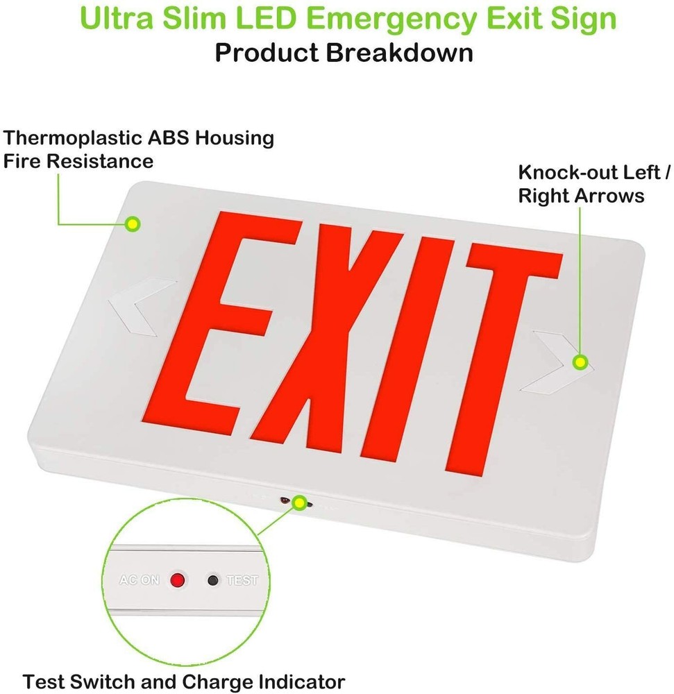 TWO LED Emergency Exit Sign Lights, Red Letters 120V-277V Double or Single Faced