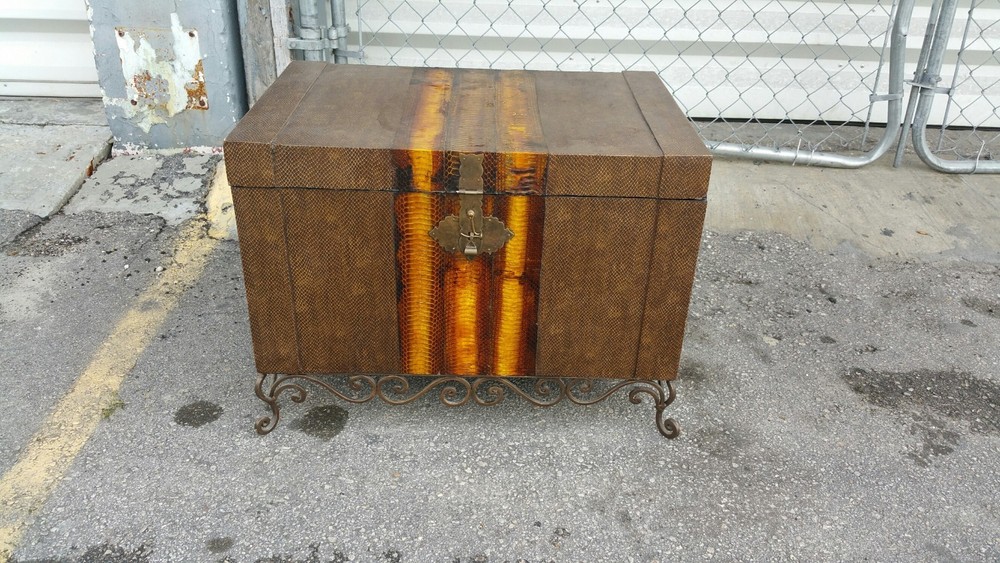 70'S EXOTIC SNAKESKIN TRUNK WITH SCROLLED IRON LEGS