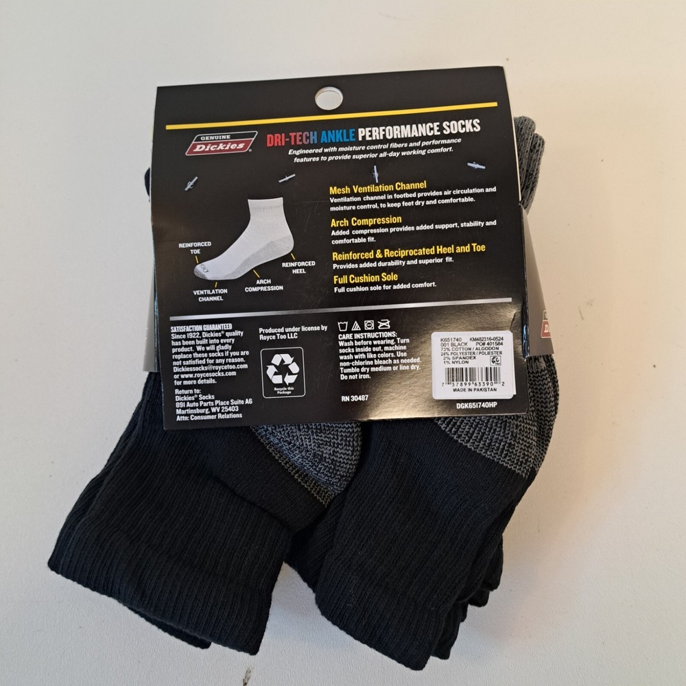Genuine Dickies Men's Dri-Tech Ankle Socks, 6-Pack Quarter cut Black Grey Work