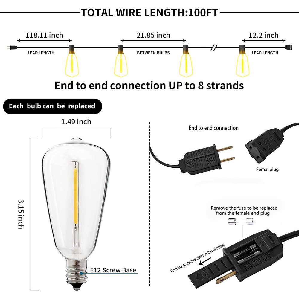 100FT Outdoor String Lights for Patio Waterproof Connectable LED Balcony Light