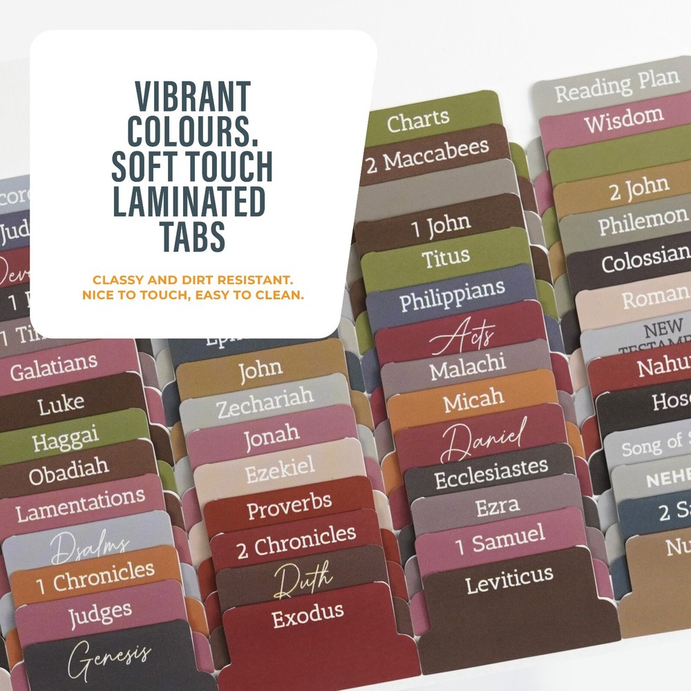OFFILICIOUS 100 Rustic Soft-Touch, Laminated Bible Book Tabs for Bible Study