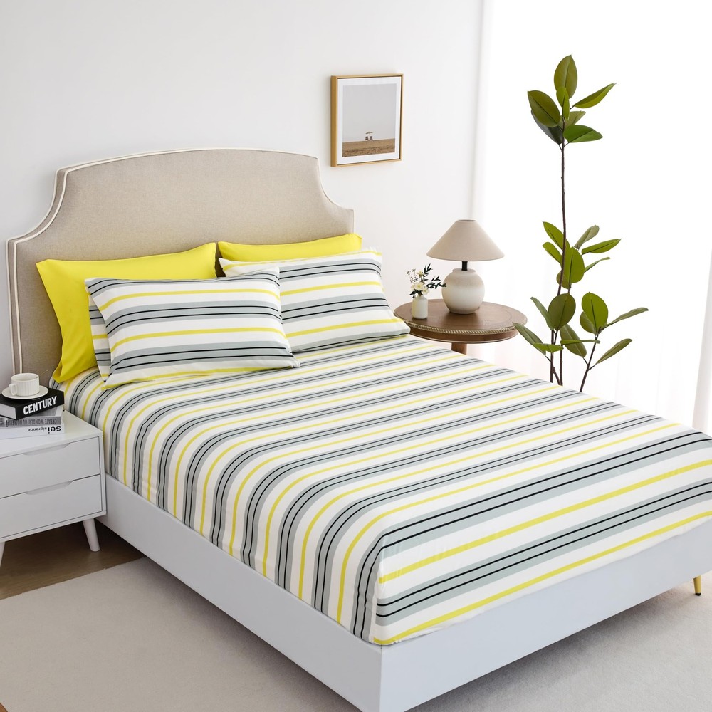 Queen Size Bed Sheets Set Deep Pockets - 6PC Striped Ultra Soft Microfiber Be...