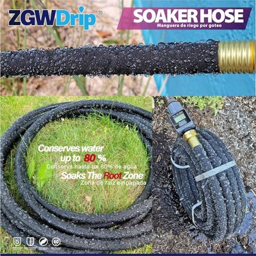 50FT 5/8" Water-Saving Soaker Hose with Solid Brass Connectors, High-Flow 50 FT