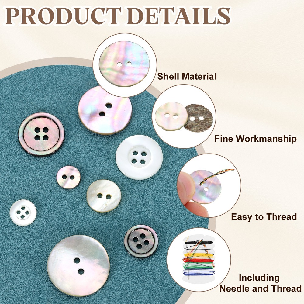 15Pcs 2 Hole 23mm Natural Shell Button with Sewing Thread Kit, Colorful