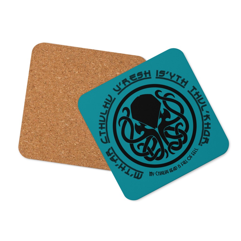 "Cthulhu Head Eels" Cork-back coaster Hovercraft Python Lovecraft Translation