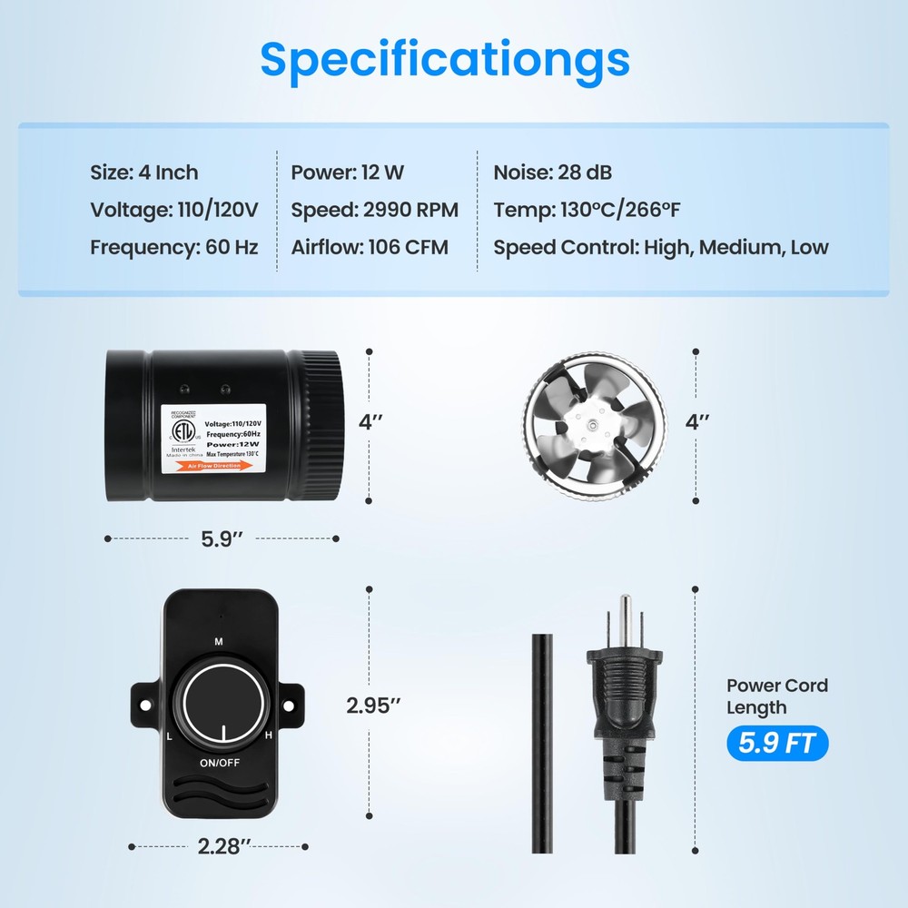 Black 4" Inline Grow Tent Fan - 106 CFM, Speed Controller Included