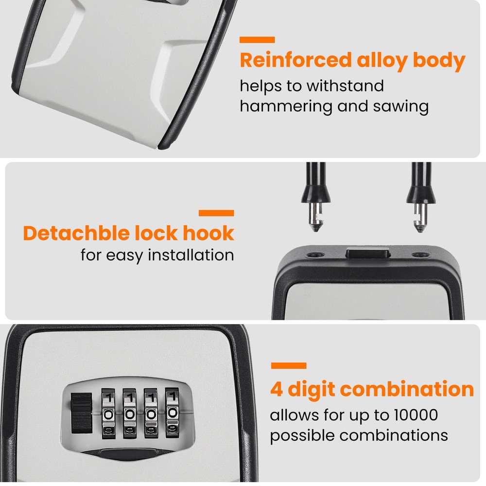 Portable Key Lock Box Wall Mount Weatherproof Resettable Code Gray