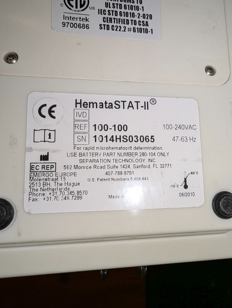 Seperation Technology STI HemataSTAT-II 100-100 Microhematocrit System Microfuge
