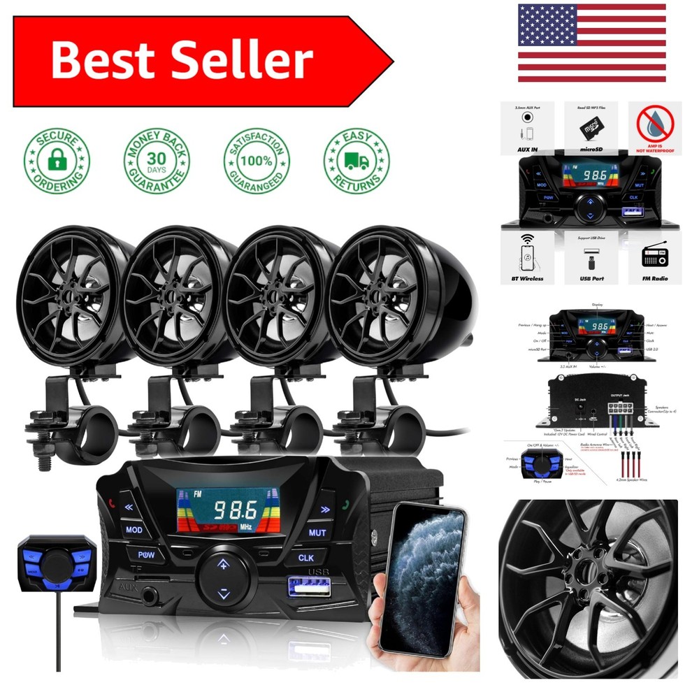 Weatherproof Motorcycle Audio System - 180W Bluetooth Speakers & Remote Control