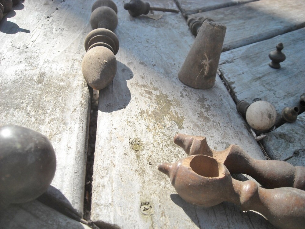 Thirty Five Small Wood & Brass Mostly Finial Type Spindles