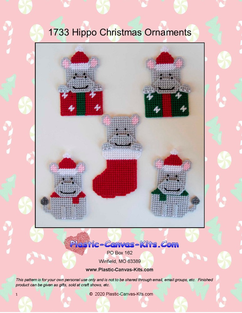 Hippo Christmas Ornaments- Plastic Canvas Pattern or Kit