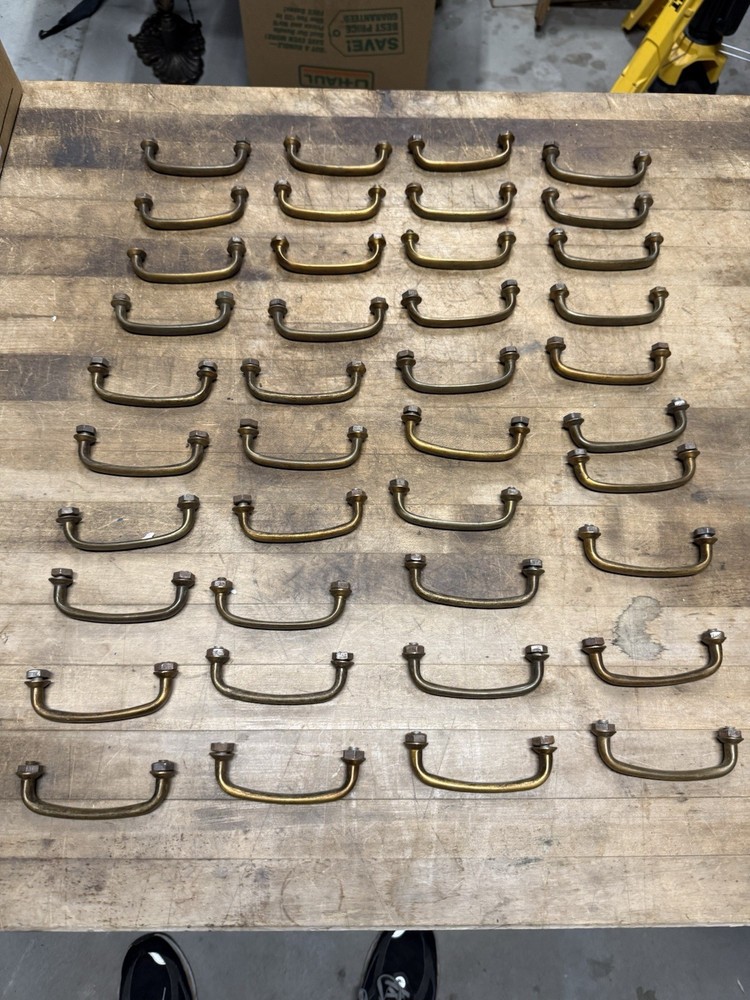 40 Matching Vintage Solid Brass Original Drawer / Bin Pull Industrial Hardware