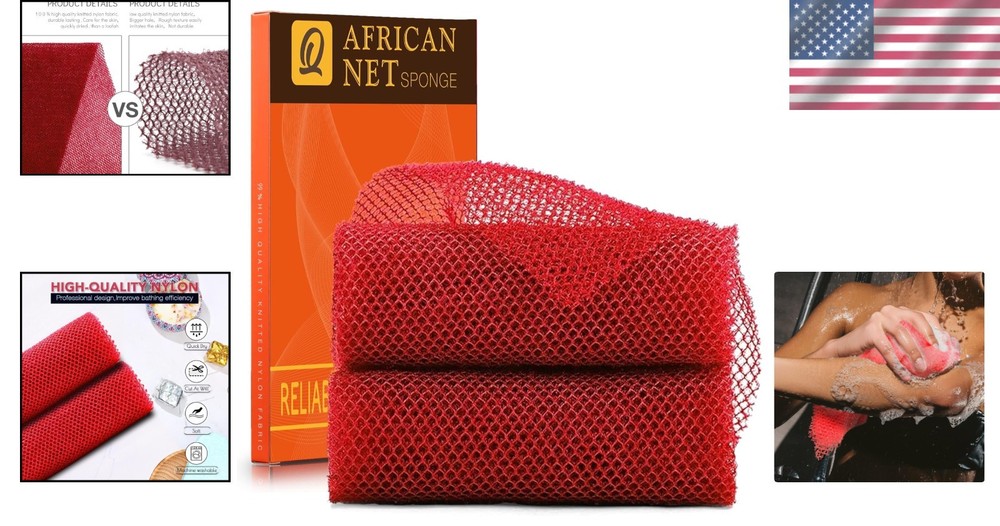 2-Pack Red African Bath Sponges - Stretchable & Quick-Drying Scrubbers