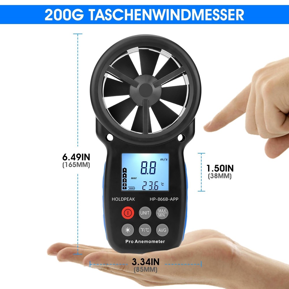 Digital Handheld Anemometer with Bluetooth & Temp Sensor - 30m/s Max Wind Speed