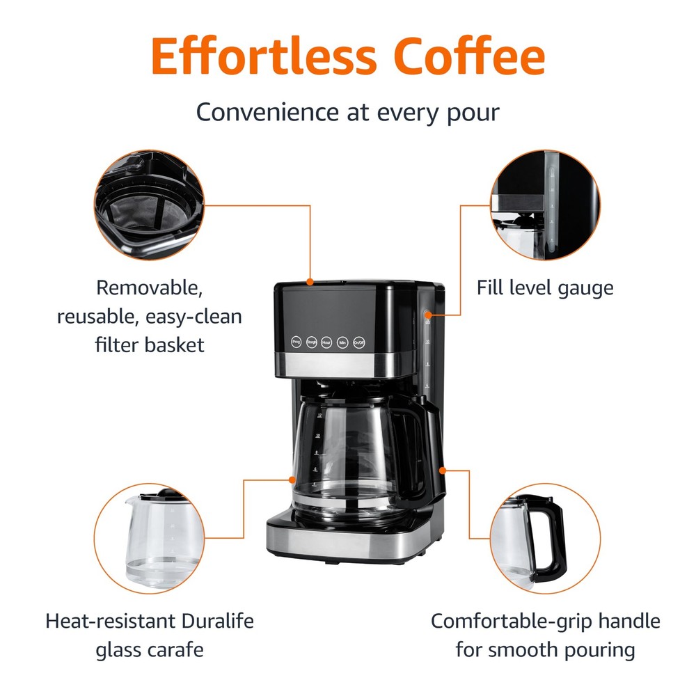 Amazon Basics Programmable 12 Cup Drip Coffee Maker, 12-Cup, Black & Silver
