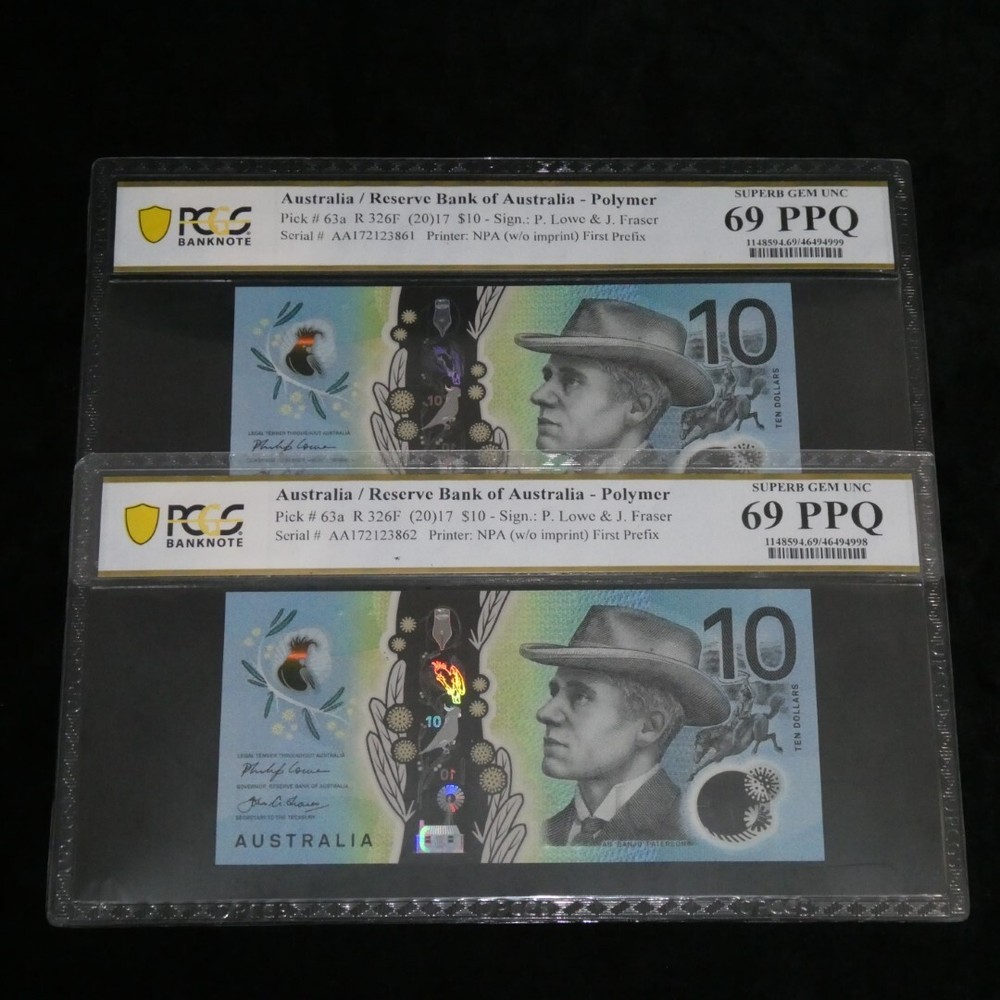 Australia 2017 $10 First Prefix AA17 Consecutive Pair Lowe Fraser Notes PCGS ...