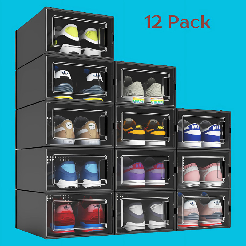 12/24/36 Pack Stackable Shoe Organizer, Black Plastic Storage Bins