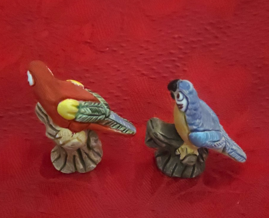 2 Cute Hand-Crafted Parrot Figurines Signed Impressed URPI
