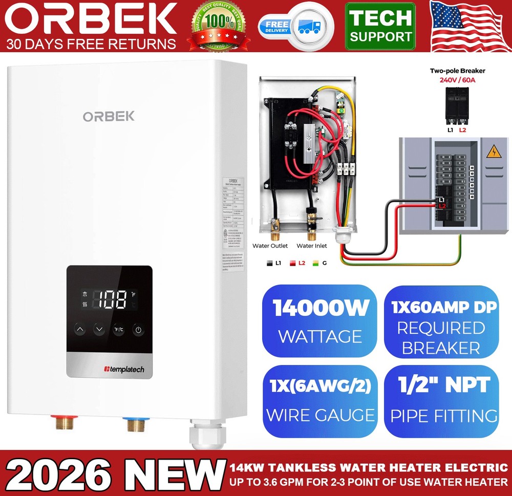 ORBEK 14KW Electric Tankless Water Heater on Demand Hot Water Heater Whole House