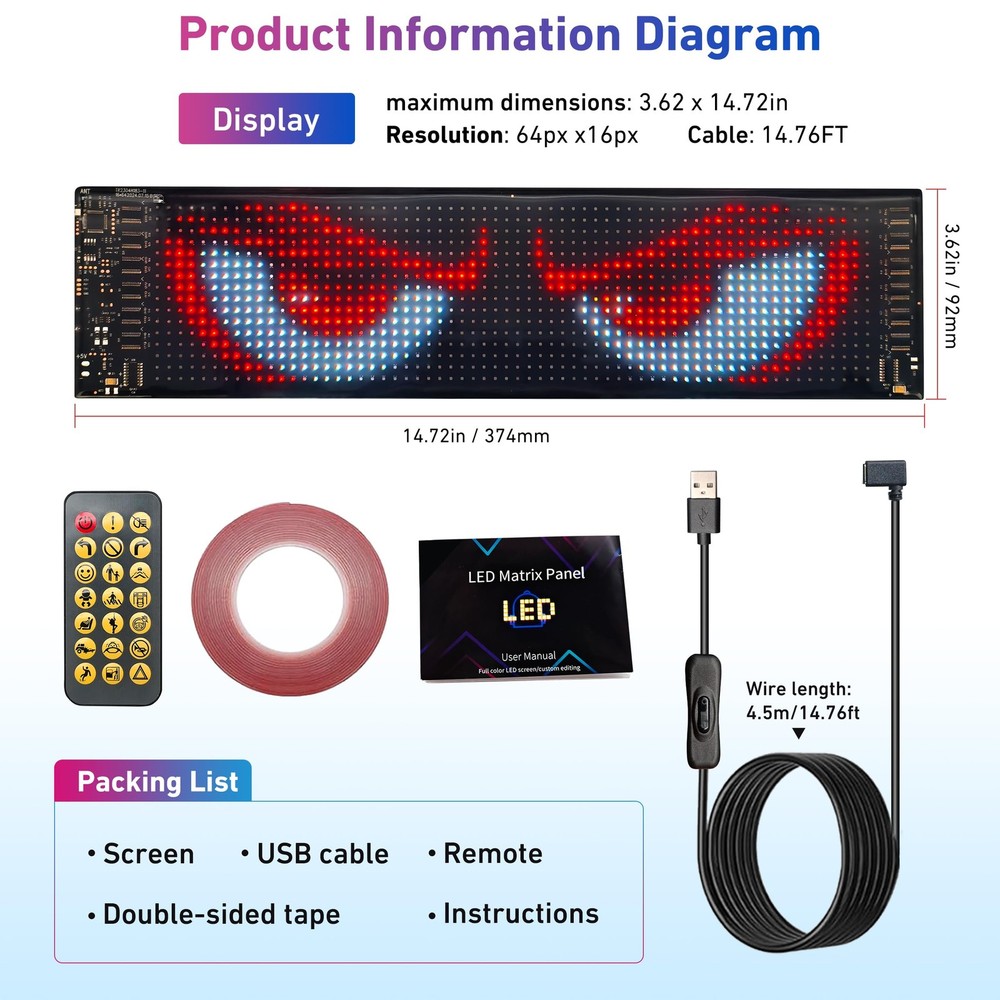 15inx4in Devil Eyes Light for Cars, Programmable LED Eyes, Flexible LED Display