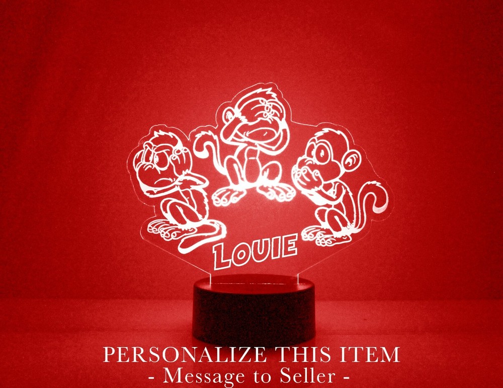 Hear, See & Speak No Evil Monkeys Personalized Night Lamp FREE Engraved Names