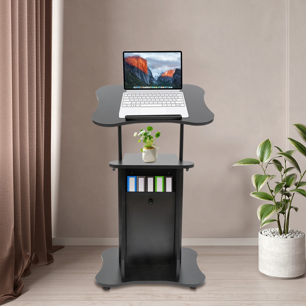 Floor Standing Pulpit Adjustable Height Lectern Podium w/ Wheels and Storage