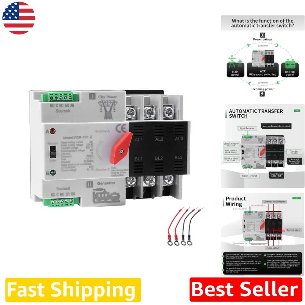 Fast 0.05s 100A 110V 3-Pole ATS Automatic Manual Transfer Switch Din Rail Mount