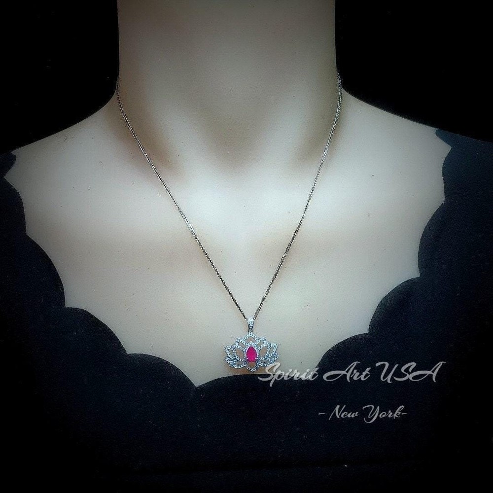Ruby Necklace - Gemstone Lotus Flower Ruby Pendant - White gold @ Sterling