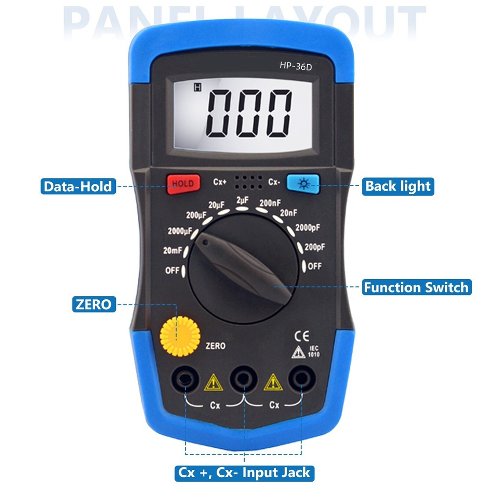 Digital Capacitance Meter Capacitor Tester 2000C 200pF-20mF Handheld Multimeter