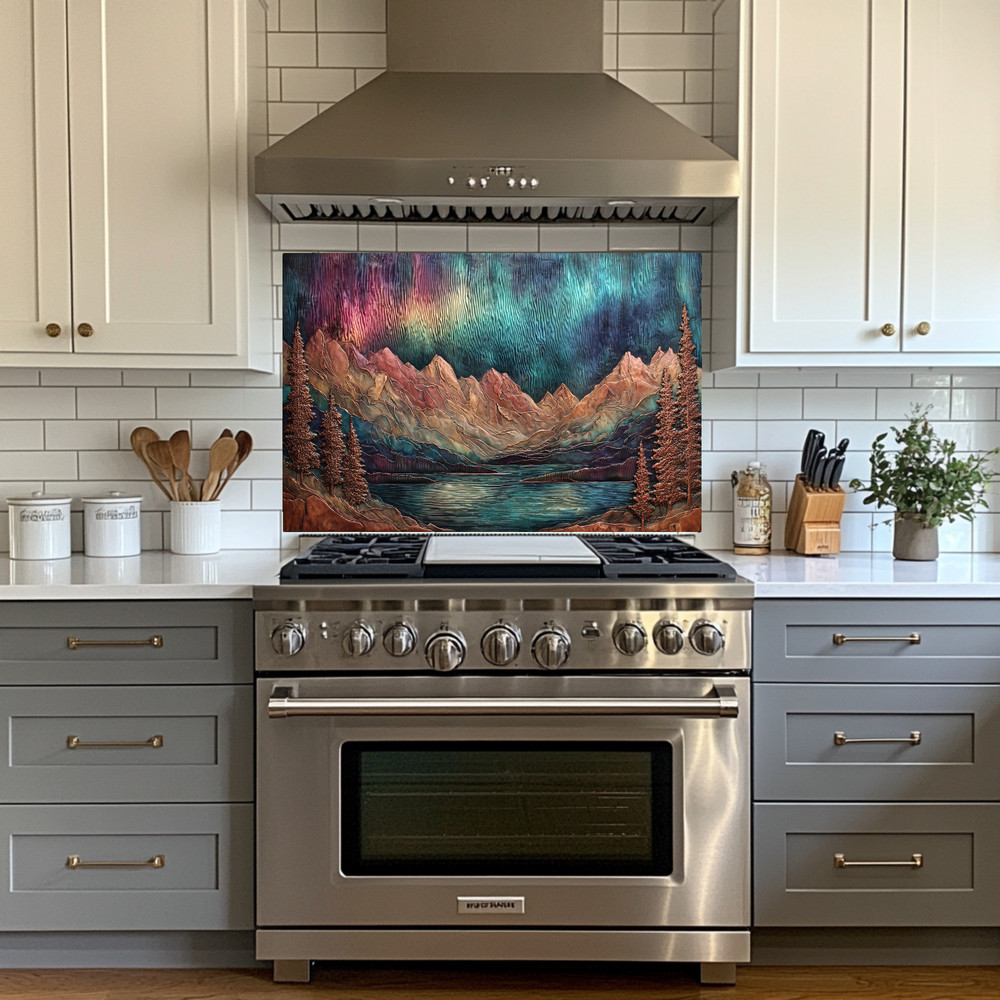 Landscape Design in Copper Look Printed Tempered Glass Kitchen Backsplash